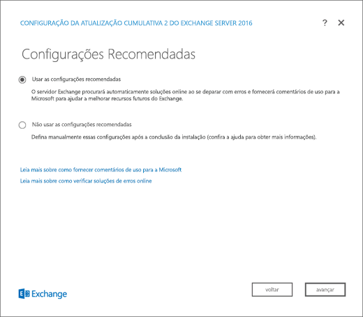 Configuração do Exchange, página Configurações Recomendadas.