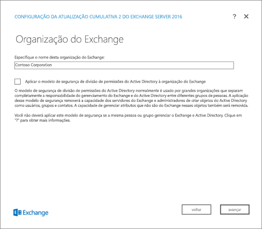 Instalação do Exchange, página Organização do Exchange.