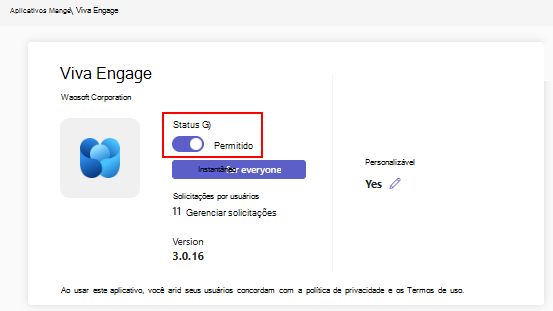 Captura de ecrã a mostrar a opção para permitir ou bloquear uma aplicação na página de detalhes da aplicação.