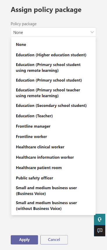 Captura de tela que mostra o centro de administração do Teams para atribuição de pacote de política a um usuário.