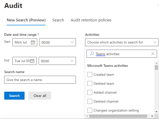 Captura de ecrã que mostra como procurar atividades do Teams no Microsoft Purview para auditar eventos do Teams.