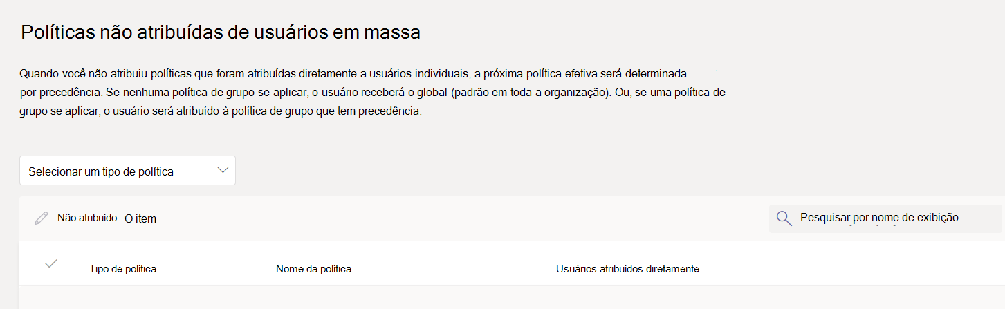 Anular a atribuição de políticas na página em massa no centro de administração do Teams.