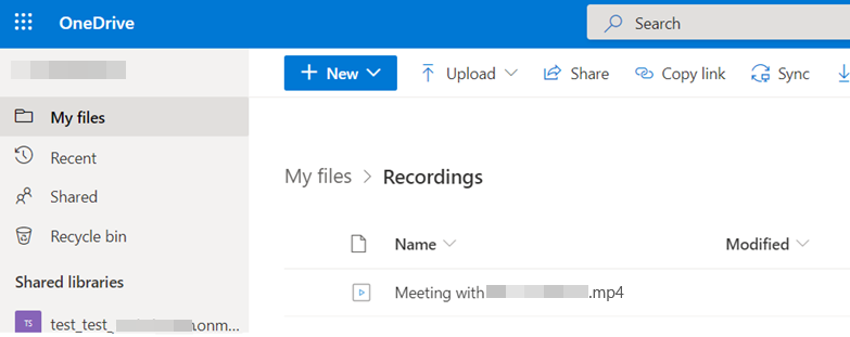 Captura de ecrã da localização do OneDrive para a reunião para armazenar gravações de reuniões.