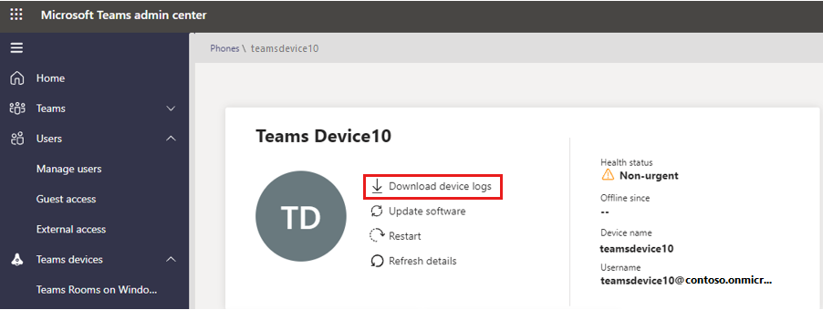 Captura de ecrã a mostrar o campo de dispositivo do Teams. A funcionalidade denominada Transferir registos de dispositivos está realçada.