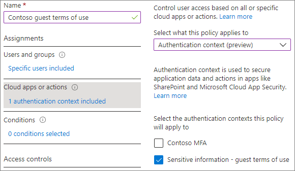 Captura de ecrã a mostrar as opções de contexto de autenticação em aplicações na cloud ou definições de ações para uma política de acesso condicional.