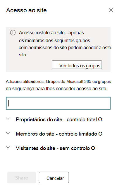 captura de ecrã do painel de acesso do site para controlo de acesso restrito.