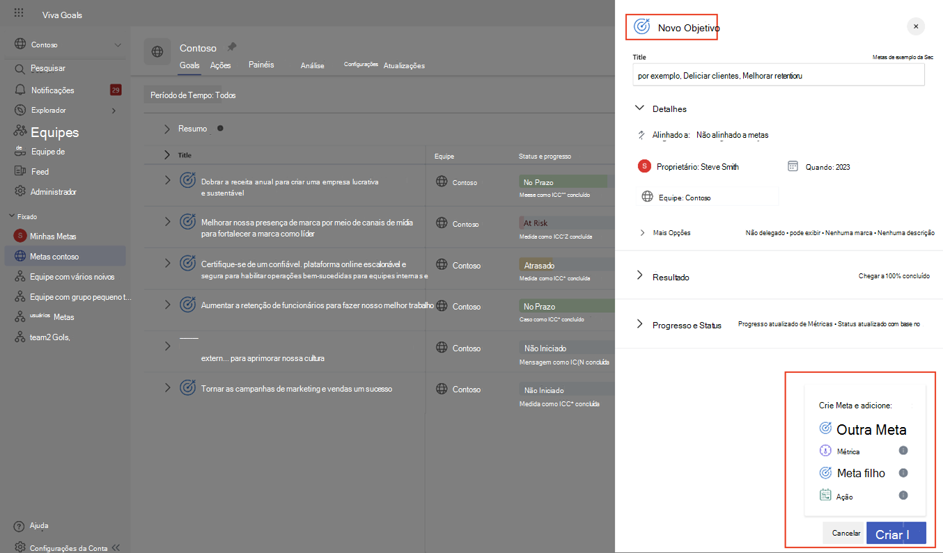 Captura de tela que mostra a nova terminologia Metas na experiência real do usuário.