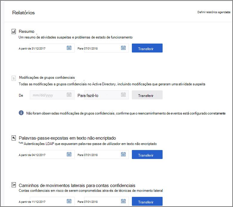 Captura de ecrã a mostrar a seleção do intervalo de datas do relatório.