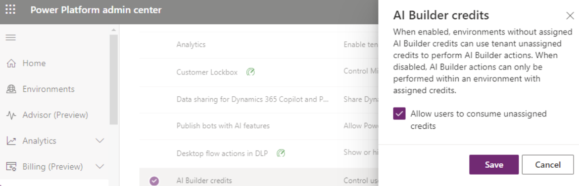 Captura de ecrã da opção para permitir que os utilizadores consumam créditos não atribuídos no centro de administração do Power Platform.