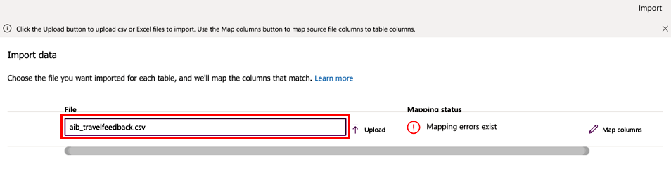 Captura de ecrã do ecrã de dados de Importação com aib_travelfeedback.csv selecionado.