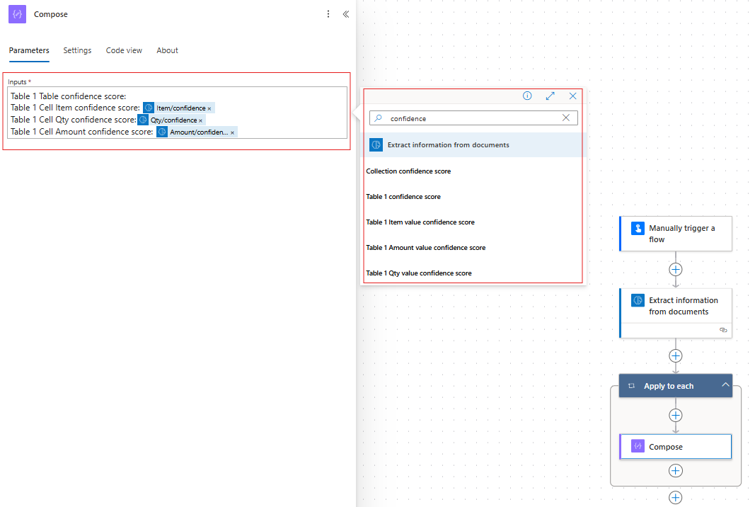 Captura de ecrã da predição a mostrar a pontuação de confiança das células e da tabela num fluxo de cloud.