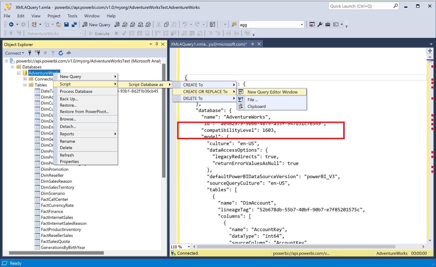 Captura de tela do script com o nível de compatibilidade definido como 1603.