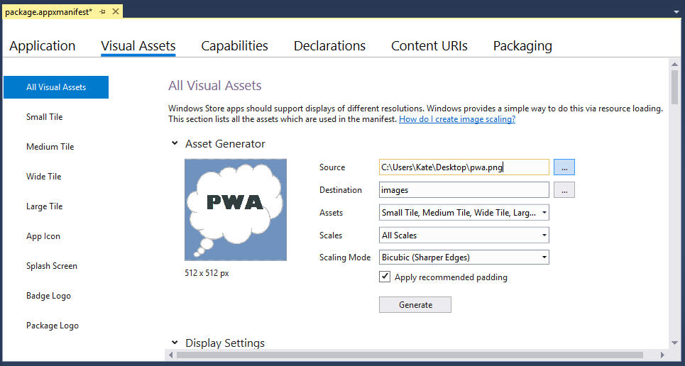 Visual Assets panel of package.appxmanifest designer