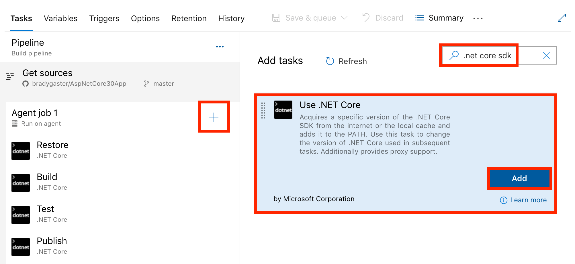 Adicionar a etapa do SDK do .NET Core