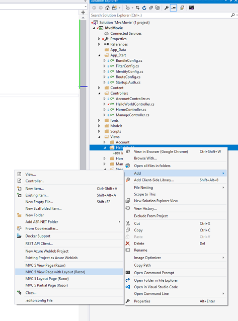 Captura de tela que mostra a janela Gerenciador de Soluções. O Olá, Mundo menu de clique com o botão direito do mouse e Adicionar submenu estão abertos. A Página de Exibição do M V C 5 com Layout Razor está selecionada.