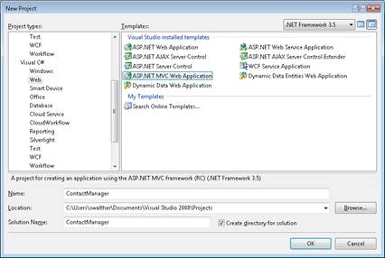 A captura de tela mostra a caixa de diálogo Novo Projeto com o aplicativo Web ASP dot NET MVC selecionado.