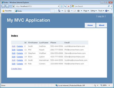 A captura de tela mostra a aparência padrão de um aplicativo ASP dot NET MVC.