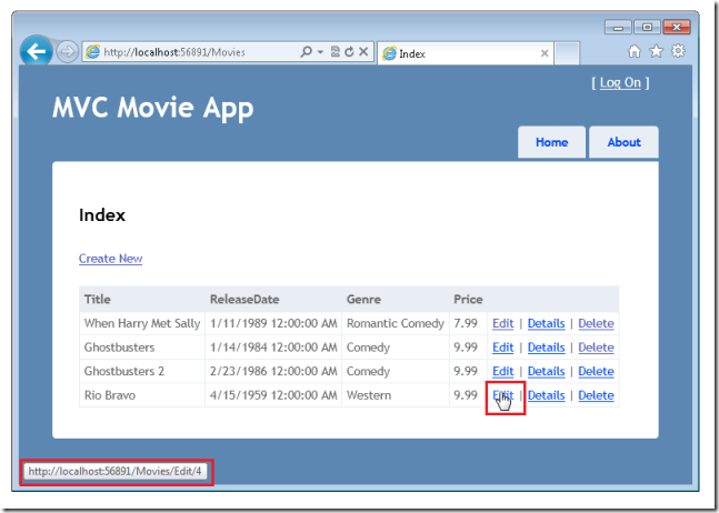 A captura de tela mostra o aplicativo MVC Move com o link Editar para um dos filmes selecionados.