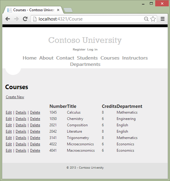 Captura de tela que mostra a página Índice de cursos. Uma lista de cursos é mostrada com o número revisado de créditos.