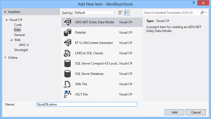 Adicionando o StoreDB ADO.NET modelo de dados de entidade