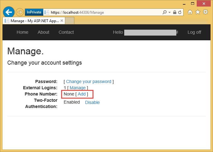 Captura de tela que mostra a página Configurações da Conta do aplicativo A SP dot NET. A seção Nenhum Adicionar ao lado de Número de Telefone está realçada.