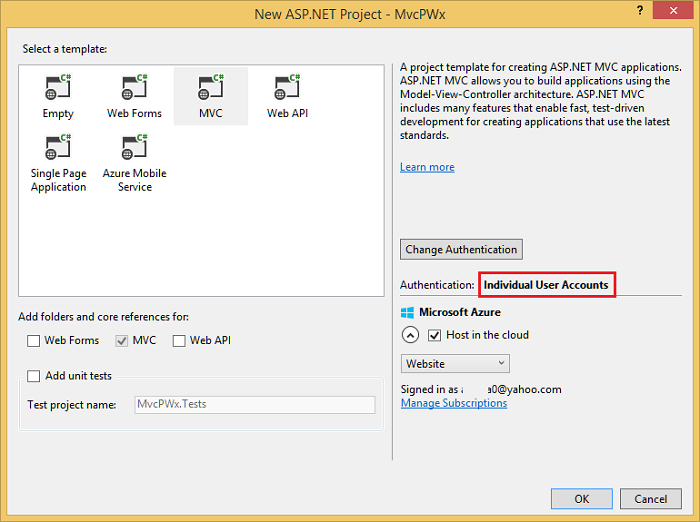 Captura de tela que mostra a página do novo projeto A S P dot Net. O modelo MVC é selecionado e Contas de usuário individuais é realçado.