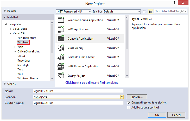 Captura de tela da tela Novo Projeto com a opção Windows, o modelo aplicativo de console e o campo Nome sendo realçado.