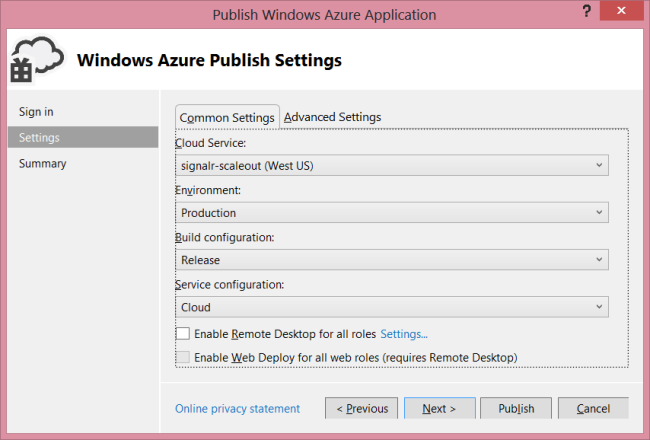 Captura de tela da guia Publicar Configurações do Windows Aplicativo Azure tela, mostrando o campo Serviço de Nuvem na guia Configurações Comuns.