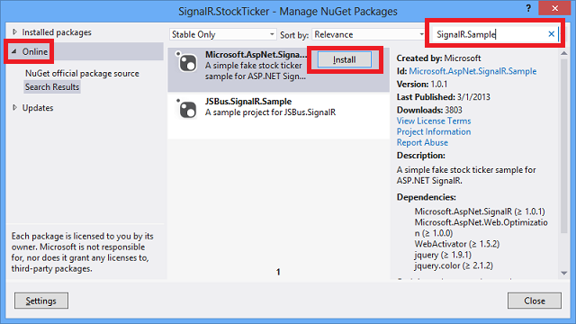 Instalar o pacote SignalR.Sample