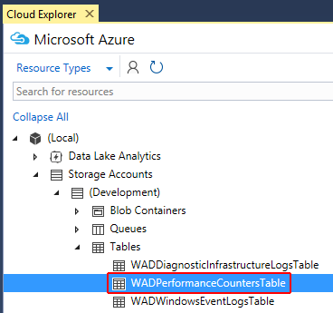 Selecionando a tabela de contadores de desempenho WAD no Visual Studio Cloud Explorer