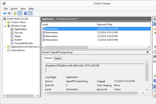 Visualizador de Eventos mostrando logs do SignalR