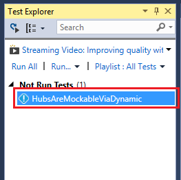 Captura de tela mostrando HubsAreMockableViaDynamic selecionado na janela Testar Explorer.