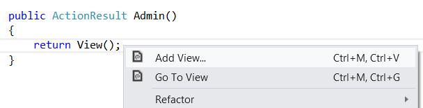 Captura de tela do menu de exibição de administrador. Adicione exibição e seu atalho de teclado Ctrl + M Ctrl + V estão realçados.