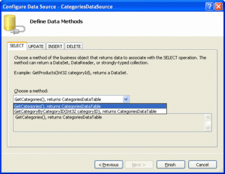 Faça com que o ObjectDataSource invoque o método GetCategories() da classe CategoriesBLL