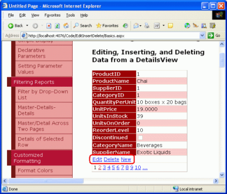 Captura de tela do DetailsView com o CommandField aparecendo como uma linha inferior com os botões Inserir, Editar e Excluir.