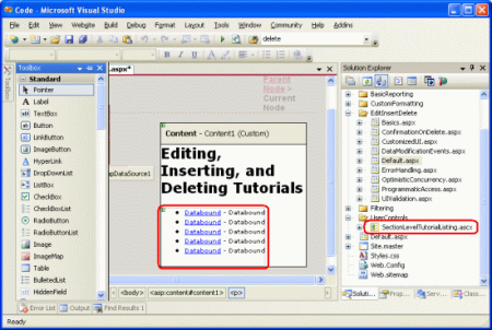 Adicione o controle de usuário SectionLevelTutorialListing.ascx a Default.aspx