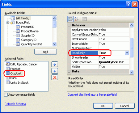 Tornar o QuantityPerUnit BoundField somente leitura