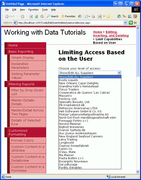 The Suppliers DropDownList Contains a Show ALL ListItem, Plus One for Each Supplier