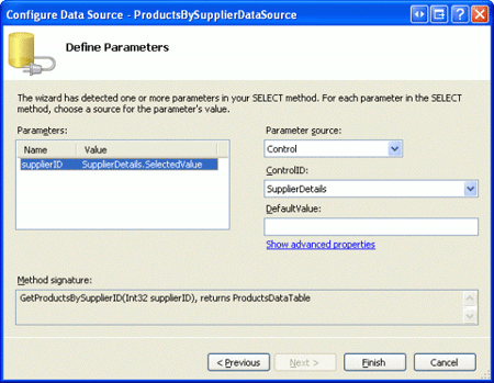 Usar a propriedade SuppliersDetails DetailsView s SelectedValue como a origem do parâmetro