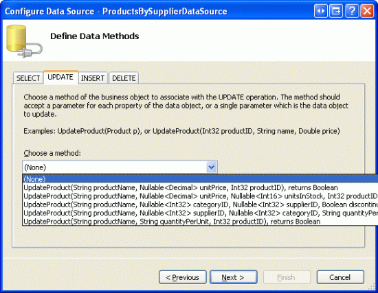 Defina o Drop-Down Listas como (Nenhum) nas guias UPDATE, INSERT e DELETE