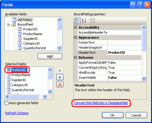 Converter cada campo em um TemplateField