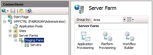 No Gerenciador do IIS, no painel Conexões, selecione seu farm de servidores.