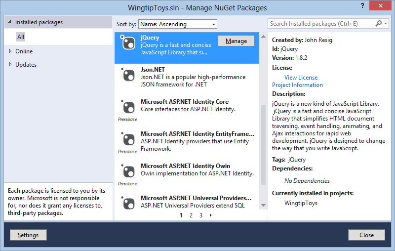 Captura de tela da janela Gerenciar Pacotes NuGet com jQuery realçado.