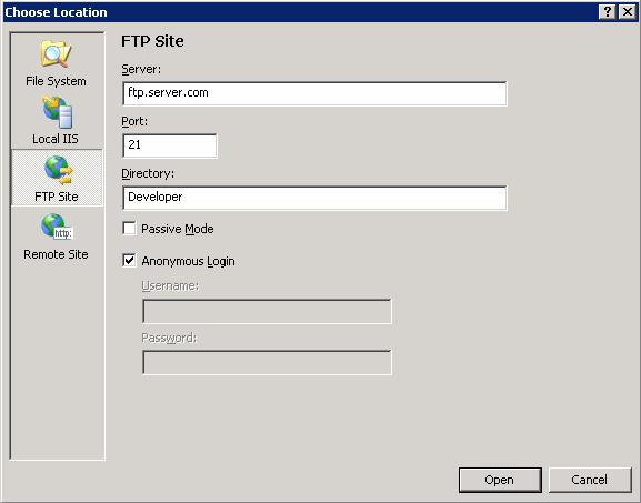 A caixa de diálogo Escolher Local para FTP