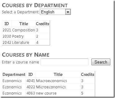 Captura de tela da janela Explorer da Internet, que mostra os modos de exibição Cursos por Departamento e Cursos por Nome.