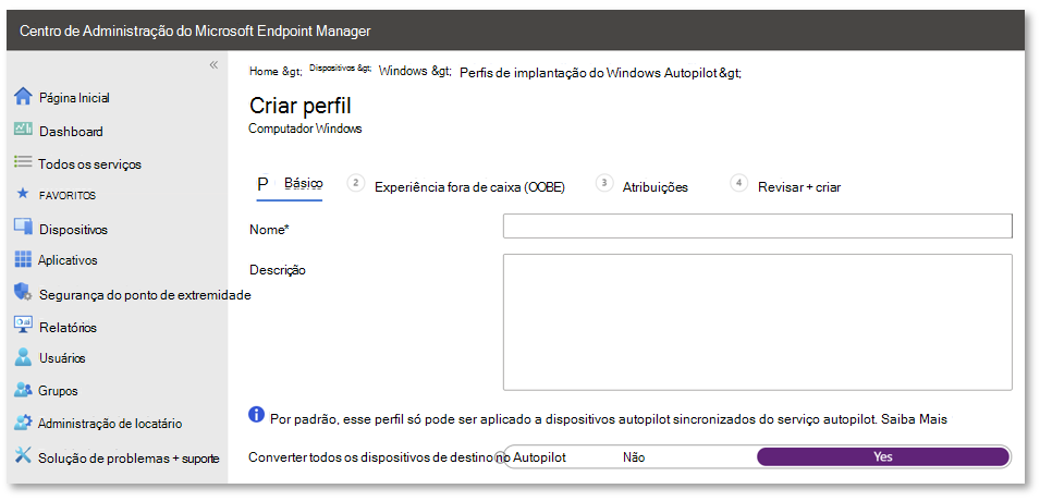 Captura de ecrã que mostra como converter todos os dispositivos visados.