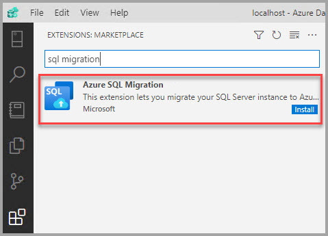 Captura de ecrã a mostrar a extensão de migração SQL do Azure a partir do Azure Marketplace.