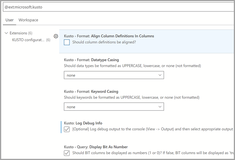 Configurações de extensão Kusto (KQL)