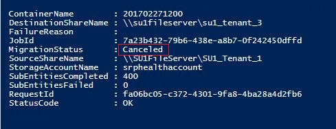 Captura de tela que mostra um exemplo de um status de migração cancelado.