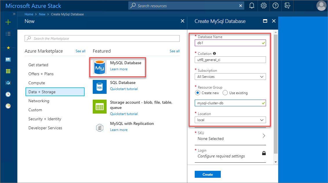 Criar banco de dados MySQL no portal do usuário do Azure Stack Hub